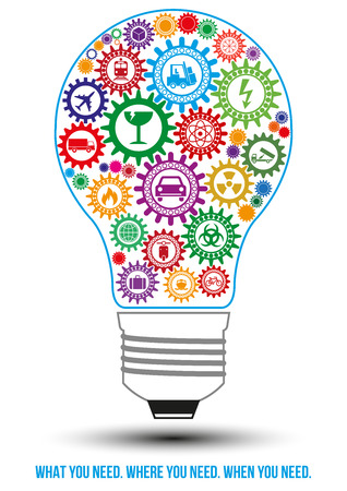 Logistics service design concept. Quick delivery of any type of cargo around the world using all possible kinds of transport to save clients time and money - icons combined in form of light bulbのイラスト素材