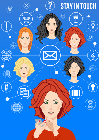 Stay in touch design concept - beautiful women connects with her friends via email and social network sharing news, ideas, receipts, places, questions and answers. Concept of friendship via networkのイラスト素材