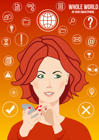 Whole world in your smartphone design concept of ability to find any information in the web - news, knowledge, ideas, books, offers, questions and answers. Whole world in couple of button clicks.のイラスト素材