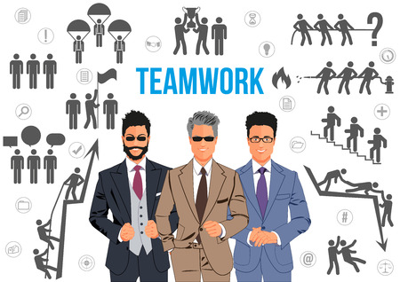 Teamwork design concept - team of business professionals working together and helping each other in times of prosperity or crisis. Together they are able to achieve more ambitious goalsのイラスト素材
