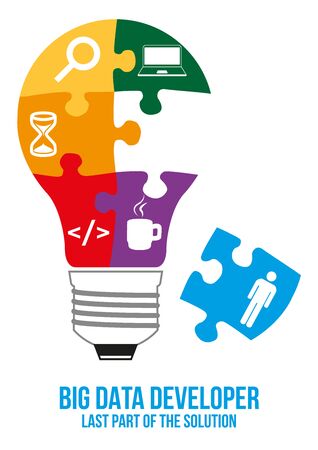 Big data developer design concept. Light bulb composed of interconnected puzzles with different components of programming. Only last piece is missed that will complete picture - last part of solution.のイラスト素材
