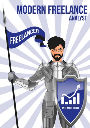 Analyst freelancer design concept. Confident man wearing armor and glasses, holding lance and shield. Mix of modern and vintage - he is ready to pick any job. Title - WAVES BEFORE SEAのイラスト素材