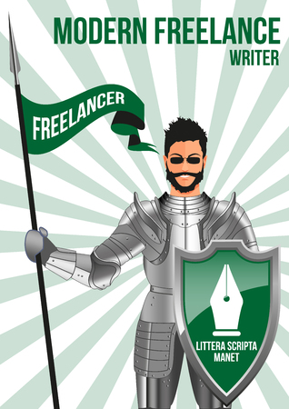 Writer freelancer design concept. Confident man wearing armor and glasses, holding lance and shield. Mix of modern and vintage - he is ready to pick any job. Title - WRITTEN LETTER REMAINSのイラスト素材