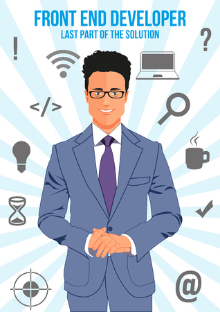 Front end developer design concept. Nice looking confident man surrounded with icons with different components of programming. That man is last part of the solution that will connect other.のイラスト素材