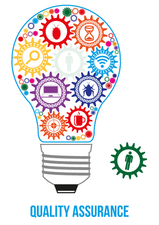 QA engineer design concept. Light bulb composed of interconnected gears with different components of quality assurance. Last gear is missed - that will connect all of them - last part of solution.のイラスト素材