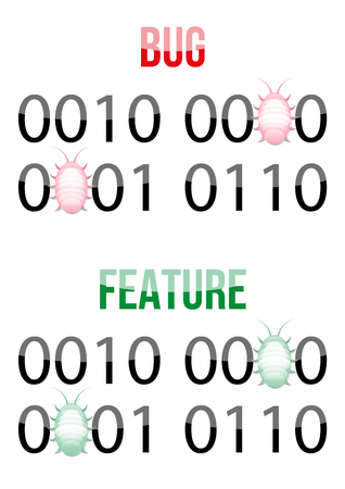 Bug in code design concept. Binary code representing number 2016 with red bugs replacing some zeroes - bugs.  Binary code representing number 2016 with green bugs replacing some zeroes - features.のイラスト素材