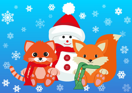 Snowman, kitten and fox wearing scarfs greet new year holding together. Design concept of friendship, new year and joy of seeing each other . Vector isolated on gradient blue background.のイラスト素材