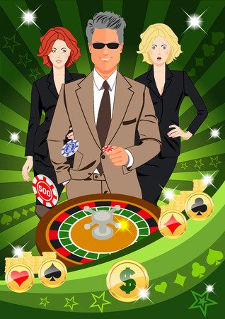 Confident lucky man surrounded by beautiful women throws chips while spinning roulete. Design concept for gambling luck ans successful play. Use for print products, page and web decor or other design.のイラスト素材