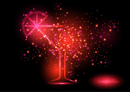 Cosmopolitan cocktail design concept - cocktail glass with lime bursting into shining lights of red shades. Shining concept of fun and nice time on crazy party.のイラスト素材