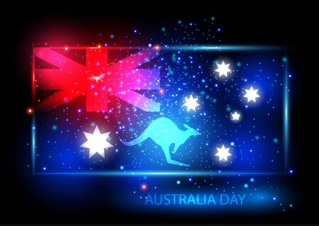 Australia day card with flag and kangaroo. Flag is presented as shining combinations of red, blue and white lights. Can be used for print products, page and web decor or other design. Vector.のイラスト素材