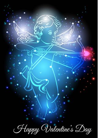 Little cupid with bow and arrow framed in heart silhouette on shining blue background surrounded with sparkling light.のイラスト素材