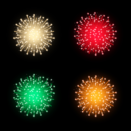 Festive firework bursting in glowing sparkles set against black background. Yellow, orange, red, green. Vector. Isolated. Illustration. Use for print products, page and web decor or other design.のイラスト素材