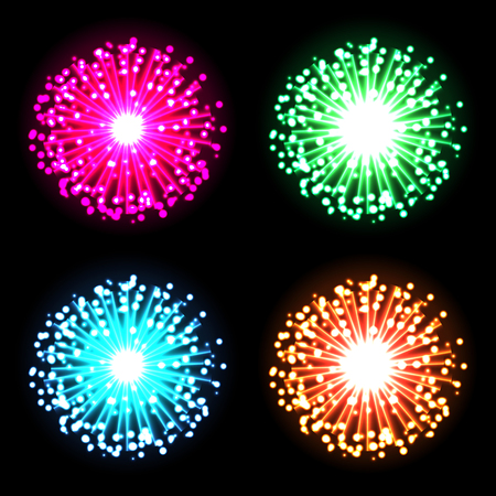 Festive firework bursting in glowing sparkles set against black background. Red, green, blue and orange. Vector. Isolated. Illustration. Use for print products, page and web decor or other design.のイラスト素材