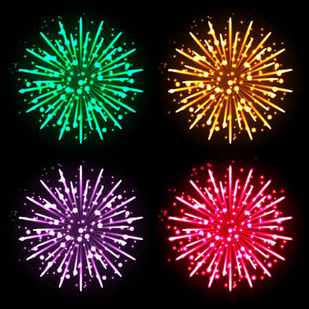 Festive firework bursting in glowing sparkles set against black background. Red, green, orange, purple. Vector. Isolated. Illustration. Use for print products, page and web decor or other design.のイラスト素材