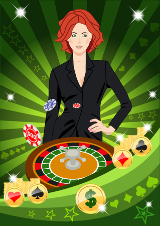 Confident lucky beautiful girl throws chips while spinning roulete. Design concept for gambling luck ans successful play. Use for print products, page and web decor or other design.のイラスト素材
