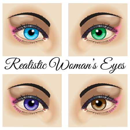 Realistic woman eyes vector. Four beautiful realistic woman eyes - blue, green, brown and violet. Use for company, print products, page and web decor or other design. Vector illustration.のイラスト素材