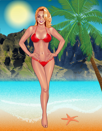 Beautifil young woman with perfect body in red bikini resting on the beach,  Sexy girl. Beach girl. Summer girl. Bikini girl. Summer time. Hot girl. Perfect body.のイラスト素材