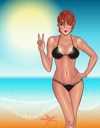 Beautiful young woman with perfect body in black bikini resting on the beachのイラスト素材