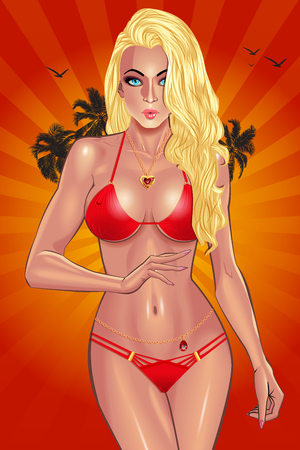 Beautiful young woman with perfect body in red bikini resting on sunset beach,  Sexy girl. Beach girl. Summer girl. Bikini girl. Summer time. Hot girl. Perfect body.のイラスト素材