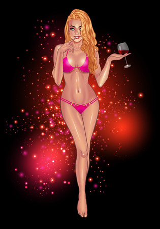 Gorgeous flirting young woman in purple bikini with glass of red wine isolated on shining colorful background. Beach girl. Summer girl. Bikini girl. Summer time. Sexy girl. Flirting girl.のイラスト素材