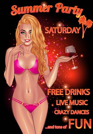 Gorgeous flirting young woman in purple bikini with glass of red wine isolated on shining colorful background party . Beach party. Summer party. Bikini party. Sexy girl. Flirting girl.のイラスト素材