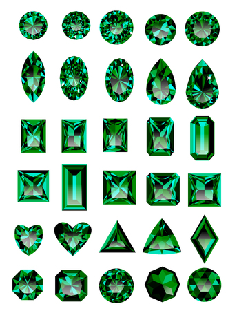 Set of realistic green jewels. Colorful green gemstones. Green emeralds isolated on white background. Princess cut jewel. Round cut jewel. Emerald cut jewel. Oval jewel. Pear jewel . Heart cut jewel.のイラスト素材