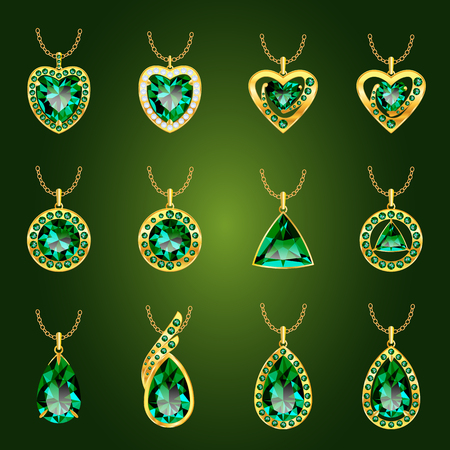 Set of realistic green jewels. Colorful green gemstones. Green emerald pendants isolated on green background. Princess cut jewel. Round cut jewel. Emerald jewel. Oval jewel. Pear jewel . Heart jewel.のイラスト素材