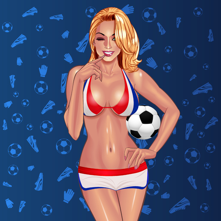 Football. Soccer. Beautiful lady in bikini and skirt colored in france national colors on football blue gradient background with football related shapes. Europe football championship.のイラスト素材