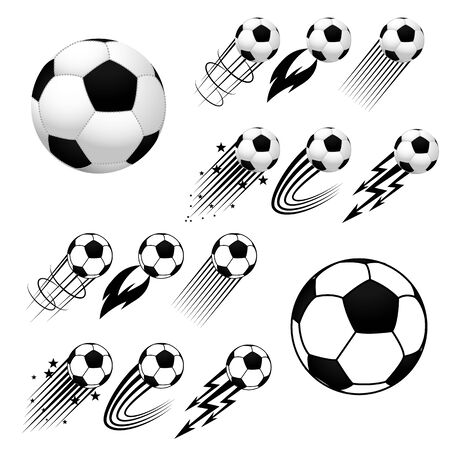 Football. Soccer. Soccer balls with different fly animations, like fire or stars, isolated on white background. Europe soccer championship. Europe football championship. Football ball. Soccer ball.のイラスト素材