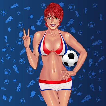 Football. Soccer. Beautiful lady in bikini and skirt colored in france national colors on football blue gradient background with football related shapes. Europe football championship.のイラスト素材