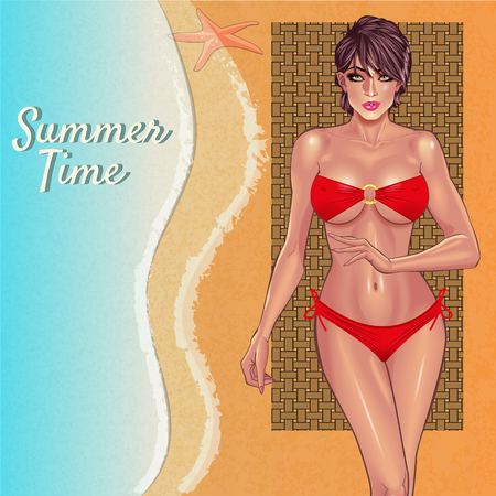 Beautiful young woman in red bikini resting on the nice tropical beach with golden sand and blur ocean water.のイラスト素材