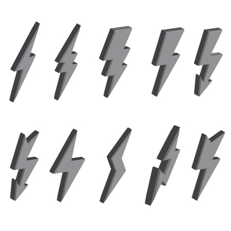 Set of gray 3D lightning bolts and signs of different shapes isolated on white background.のイラスト素材