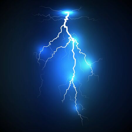 Realistic white lightning strike surrounded with shining blue lights on blue background.のイラスト素材