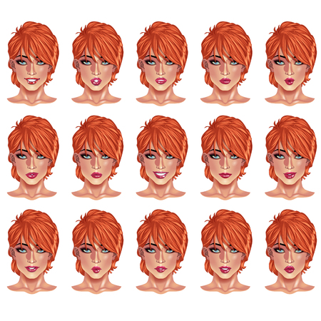 Set of beautiful red haired woman portraits with different lips and face expressions from smiling to serious.のイラスト素材