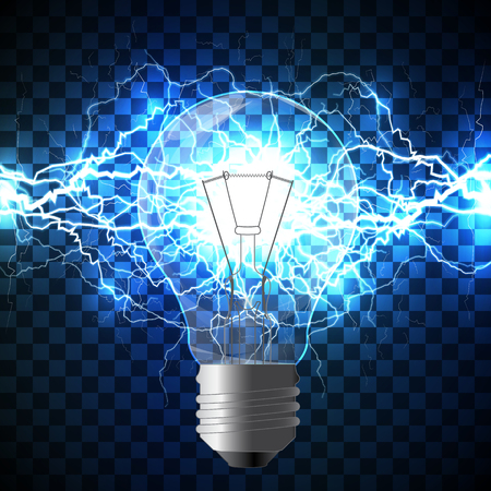 Realistic light bulb filled with white lightning bolt created from intertwined white lightnings and surrounded with shining blue lights on blue background. Concept of idea born and power of mind.のイラスト素材