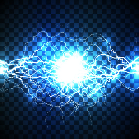 Realistic white lightning bolt created from intertwined white lightnings and surrounded with shining blue lights on blue background. Can be used for print products, page and web decor or other design.のイラスト素材