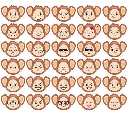Set of funny monkey emoticons - smiling monkeys with different emotions from happiness to angry isolated on white background.のイラスト素材
