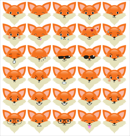 Set of funny fox emoticons - smiling red foxes with different emotions from happiness to angry isolated on white background.のイラスト素材