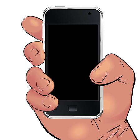Men hand holding mobile phone isolated on white background.のイラスト素材