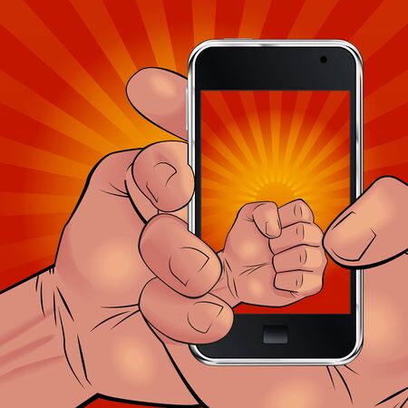 Men hand holding mobile phone and picturing beautiful red and yellow sunrise in the way like he is holding rising sun.のイラスト素材