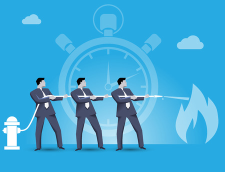 Business concept of teamwork and business team fighting crisis together. Three businessmen trying to extinguish the fire of crisis working together under time pressure.のイラスト素材
