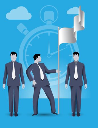 Business concept of teamwork and business team claiming ground together. Three businessmen conquer share on market and set the flag, working together and helping each other.のイラスト素材