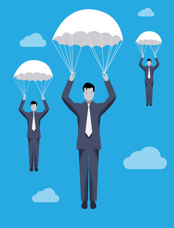 Business concept of golden parachute. Three businessmen falling down with parachutes. Financial success and good profit even in crisis times.のイラスト素材