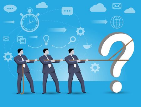 Business concept of teamwork and business team solving complex problem together. Three businessmen catching problem, trying to localize it working together under time pressure.のイラスト素材