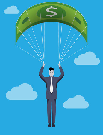 Business concept of golden parachute. Chief executive falling down with dollar bill parachute symbolizing financial success and good profit even in crisis times.のイラスト素材