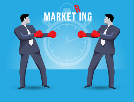 Market ring business concept. Two businessmen standing against each other, wearing boxer gloves and ready to fight. Time is ticking and fight will begin shortly on MARKET RING.のイラスト素材
