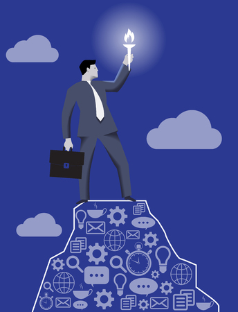 Leading in the darkness business concept. Successful businessman with case and burning torch on the top of the mountain, looking around and searching for new opportunities and targets.のイラスト素材