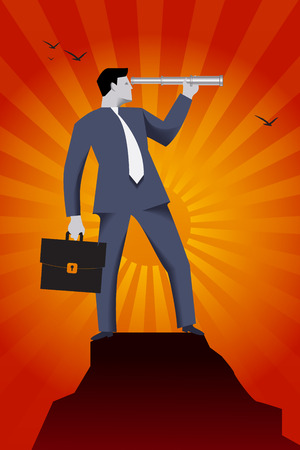 Searching new opportunities business concept. Successful businessman in the suit with case and looking glass on the top of the mountain, looking around and searching for new opportunities and targetsのイラスト素材