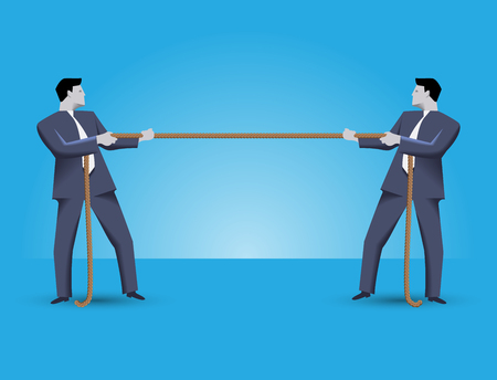 Fight for market share business concept. Two businessmen in suits standing against each other, pulling a rope. Every businessman is trying to overcome his rival.のイラスト素材