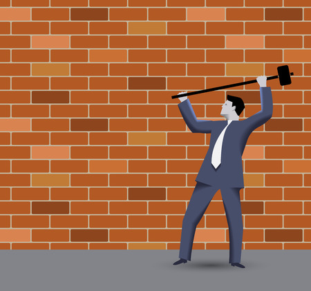 Breaking the rules business concept. Confident businessman in business suit with sledgehammer in grey regulated world trying to break the wall of rules and to find new opportunities and targetsのイラスト素材